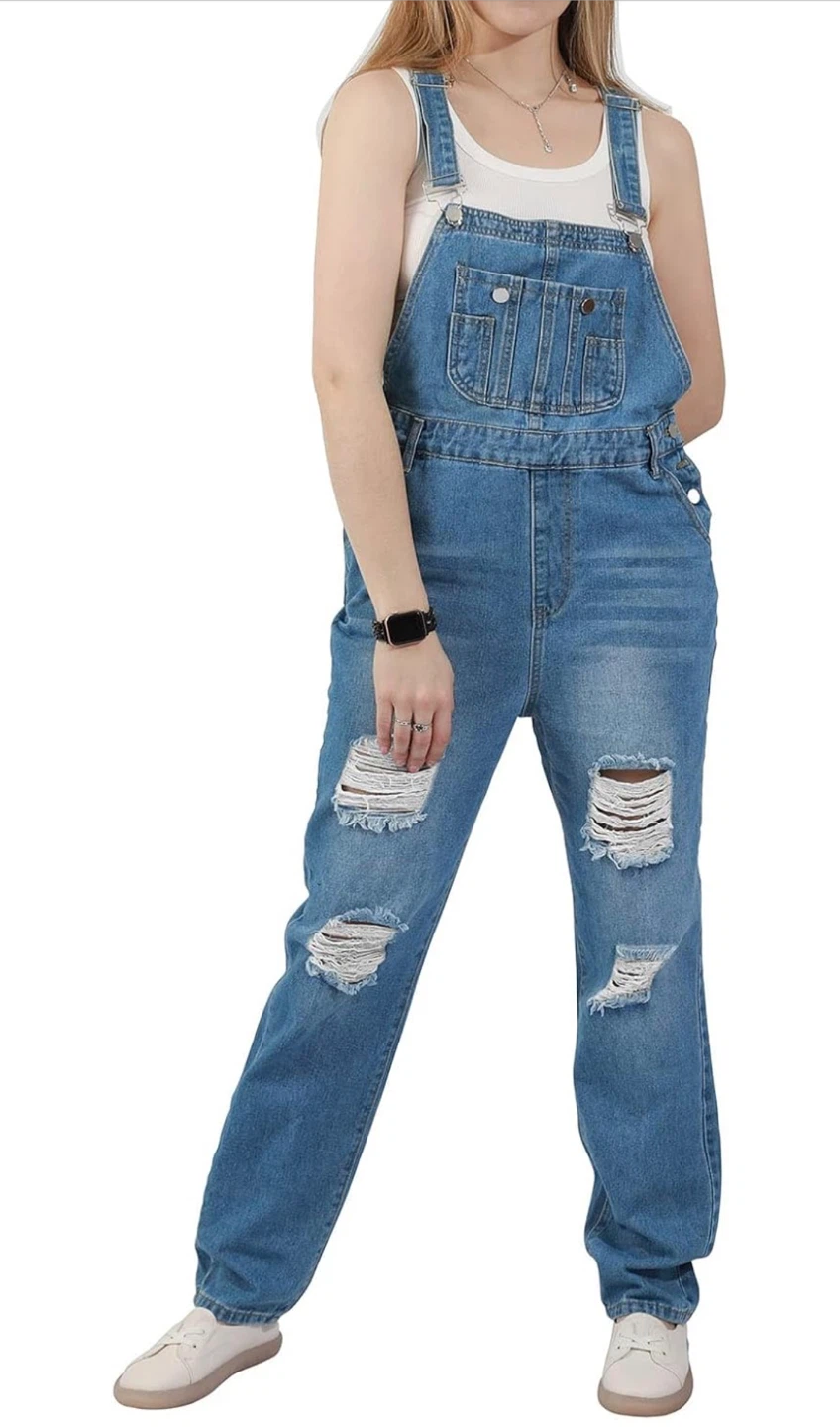 NEW! Women's Ripped Distressed Denim Adjustable Straps Overalls - photo 2