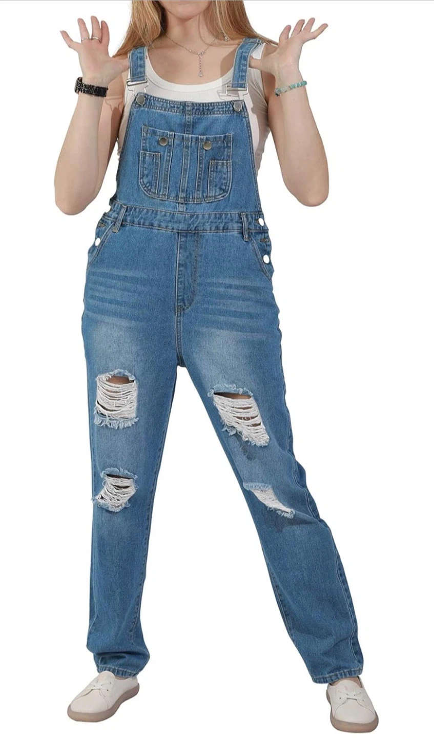 NEW! Women's Ripped Distressed Denim Adjustable Straps Overalls - photo 3