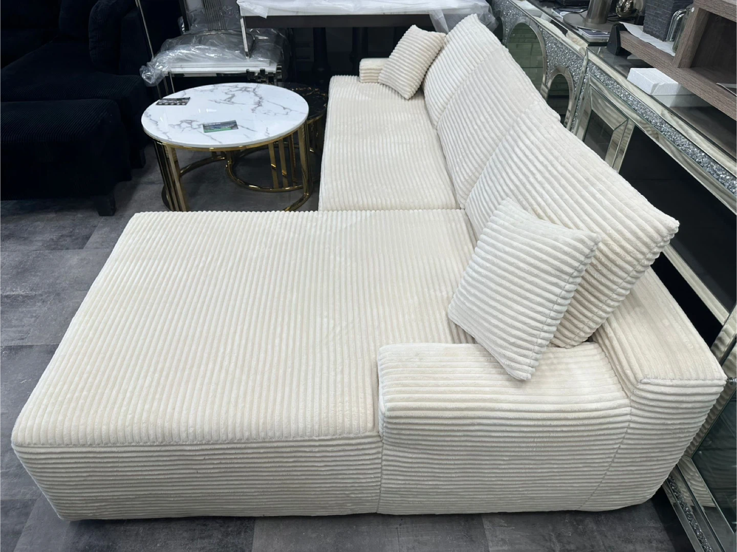 Cream Corduroy Sectional Sofa with Chaise