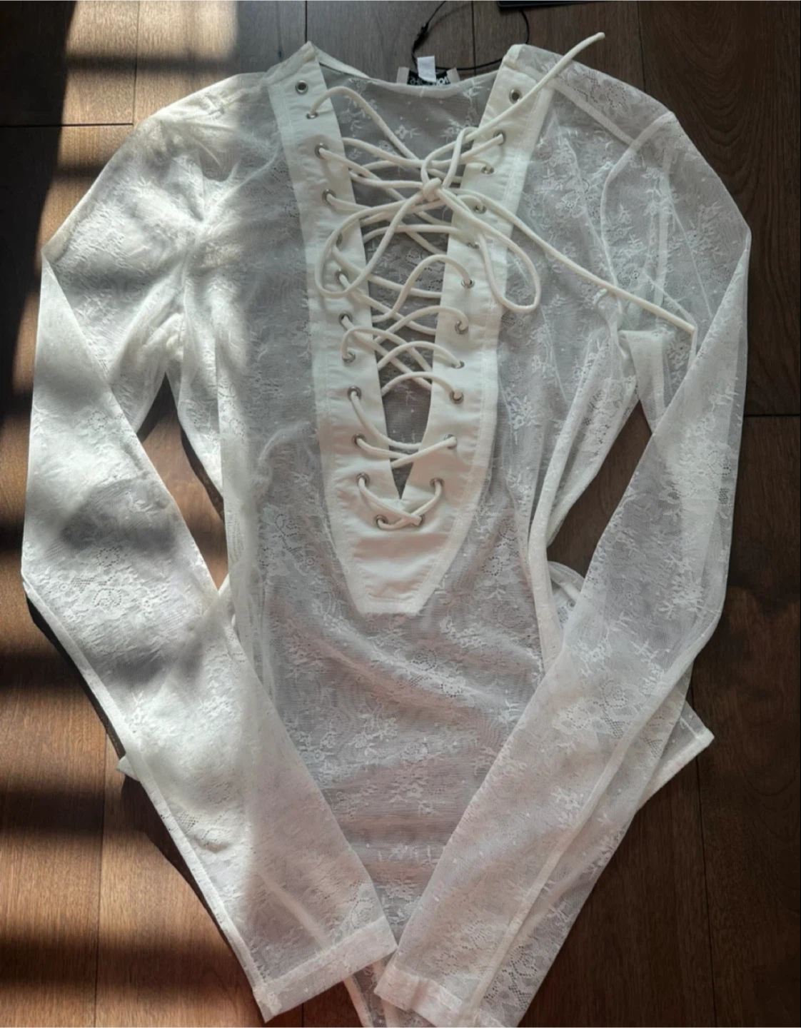 New Fashion Nova See Through Me Lace Bodysuit White Size M