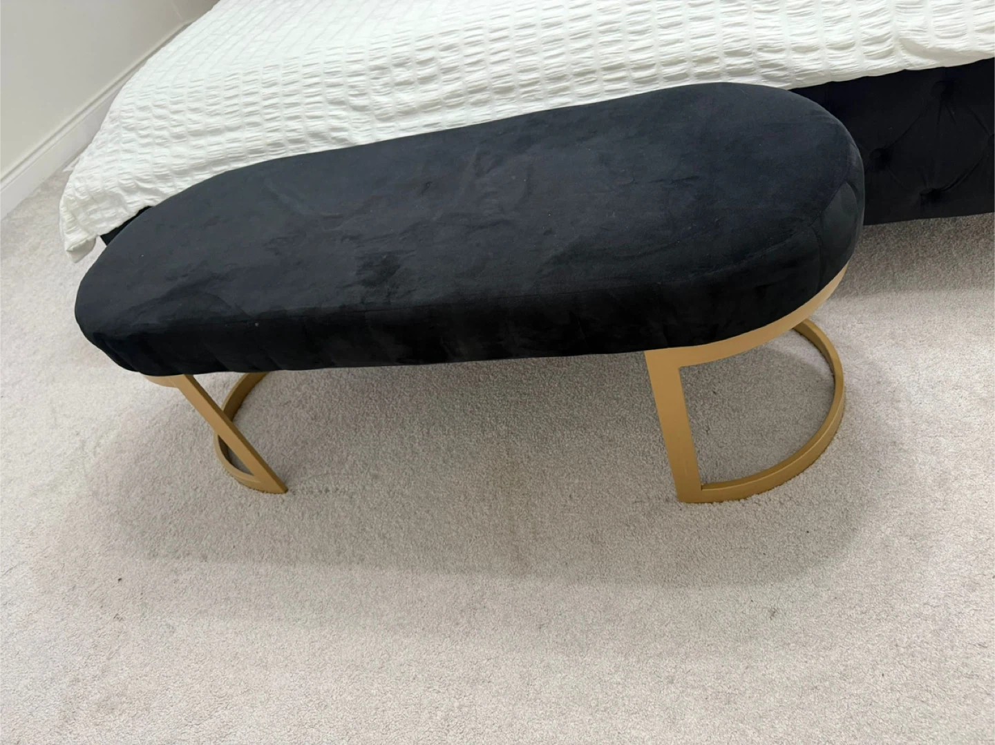 Black Velvet Upholstered Bench with Gold Metal Legs