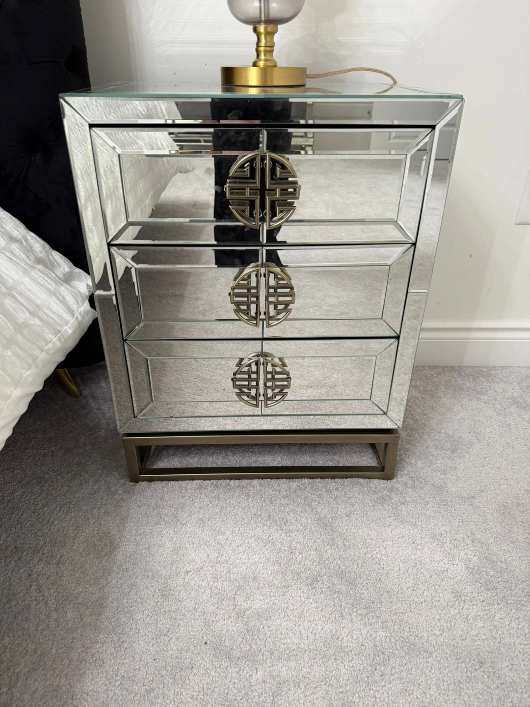 Mirrored 3-Drawer Nightstand with Gold Hardware