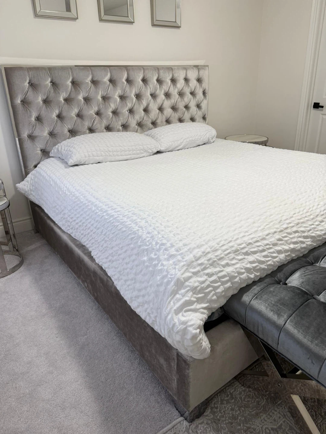 Tufted Grey Velvet Queen Bed Frame with Headboard