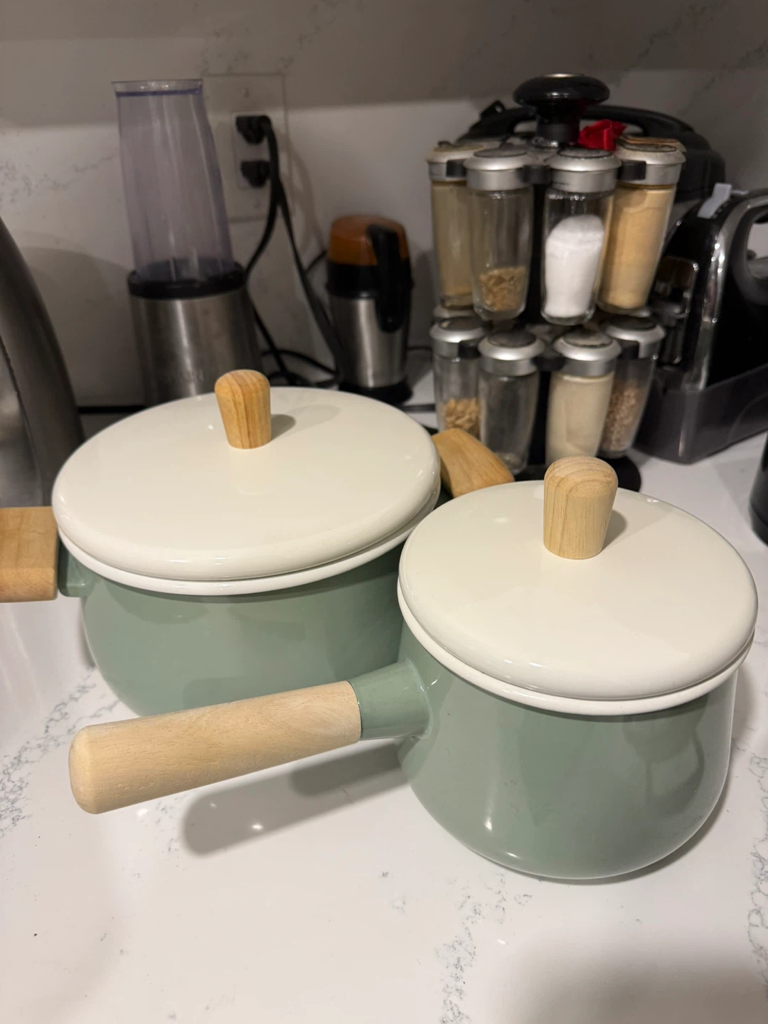 Set of 2 IKEA Sage Green Enamel Saucepans with Wooden Handles