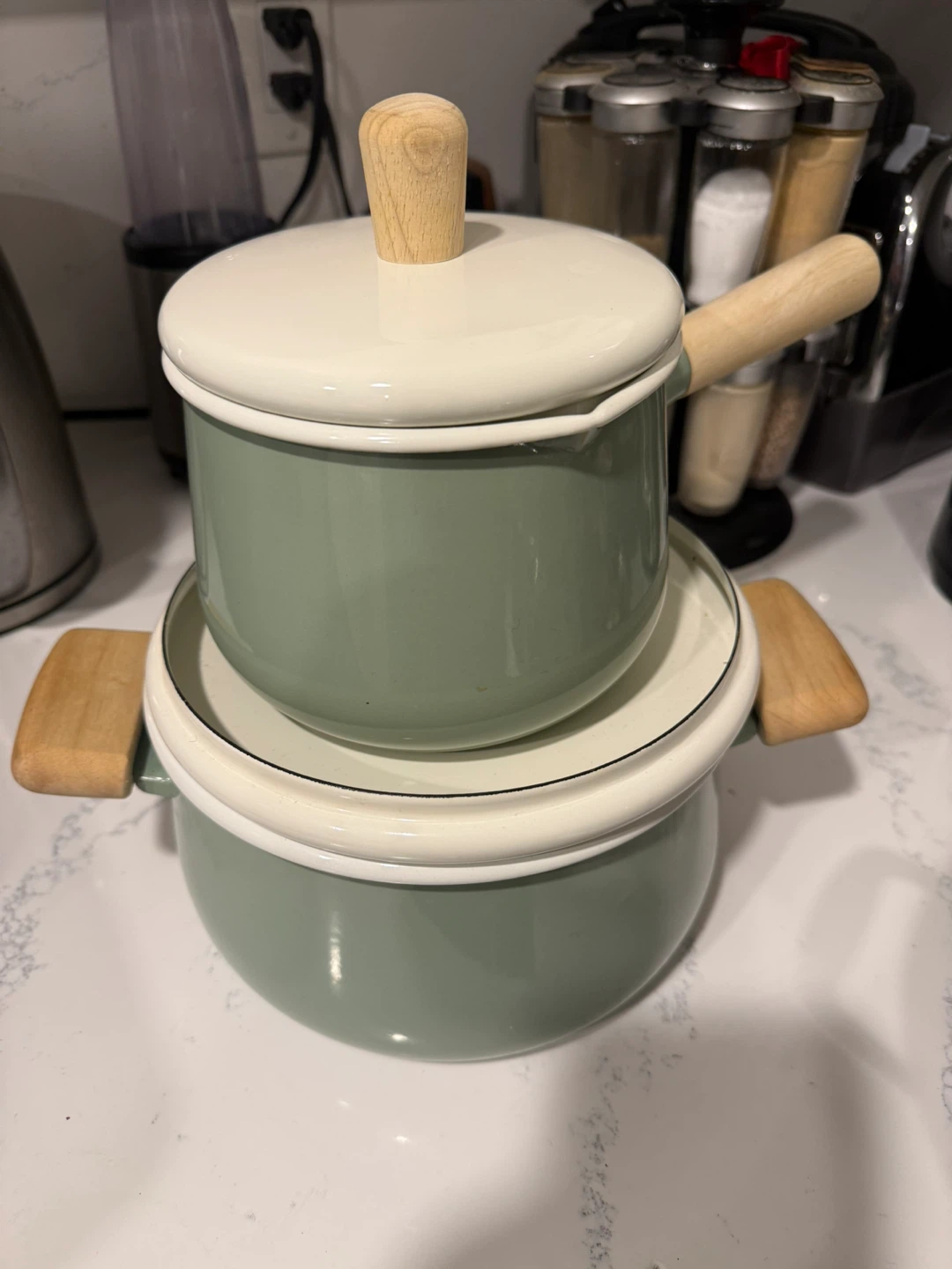 Set of 2 IKEA Sage Green Enamel Saucepans with Wooden Handles - photo 2