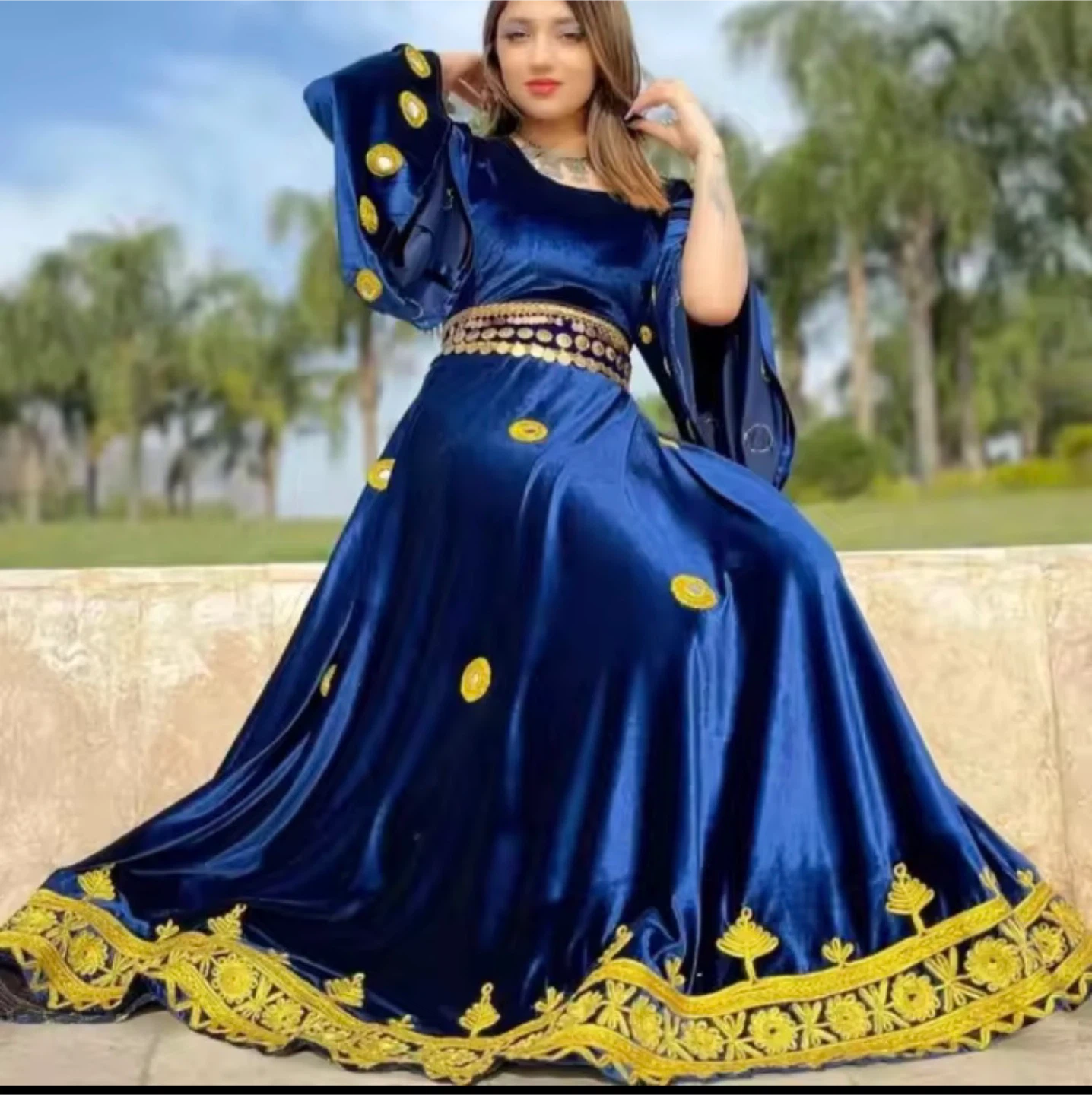 Royal Blue Velvet Dress with Gold Embroidery - photo 2