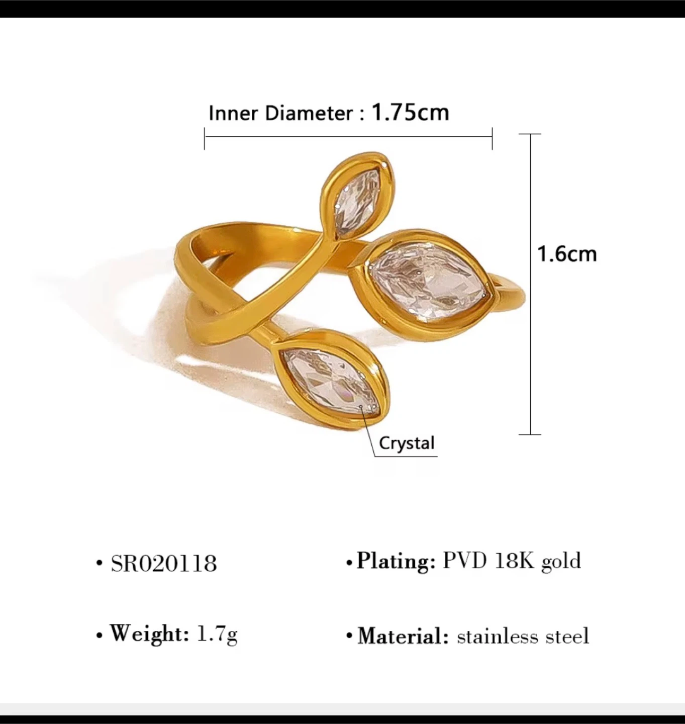 Leaf Crystal Ring - PVD 18K Gold Plated Stainless Steel - photo 2