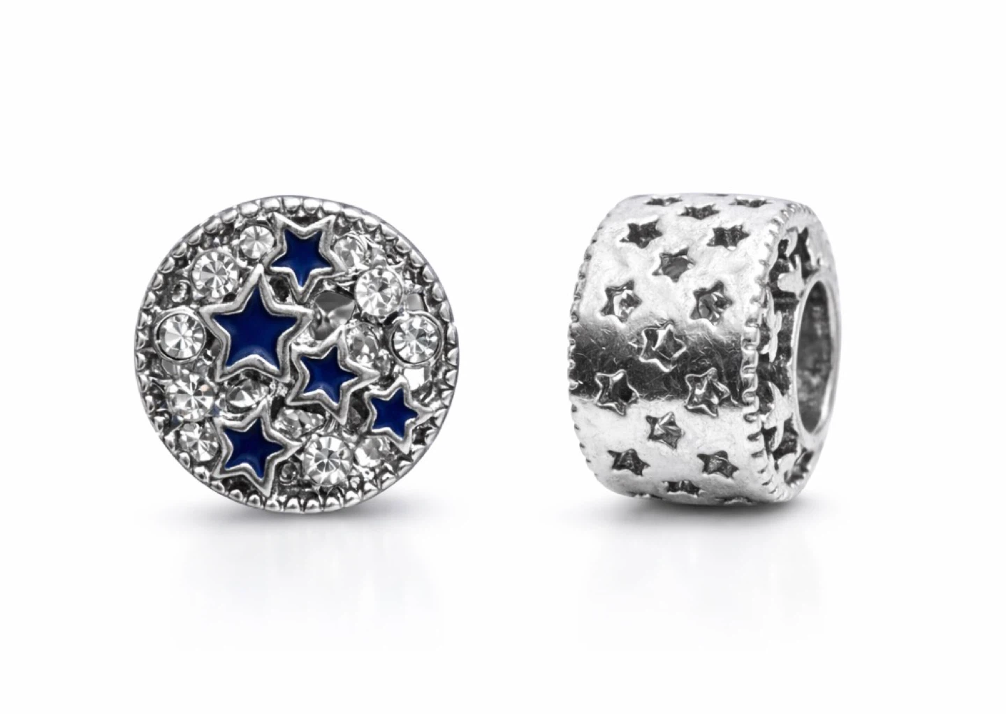 Silver Tone Charm Bead with Blue Stars and Crystals