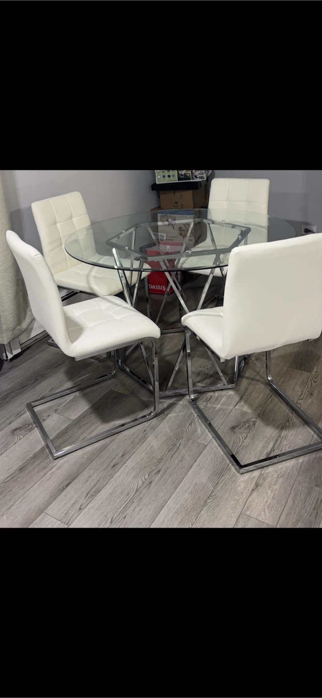 Glass Dining Table with 4 White Chairs
