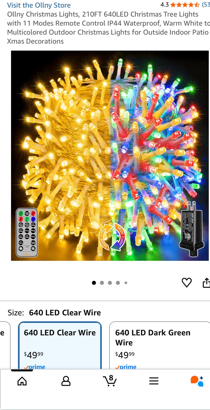 Ollny Christmas Lights 210FT 640LED Clear Wire