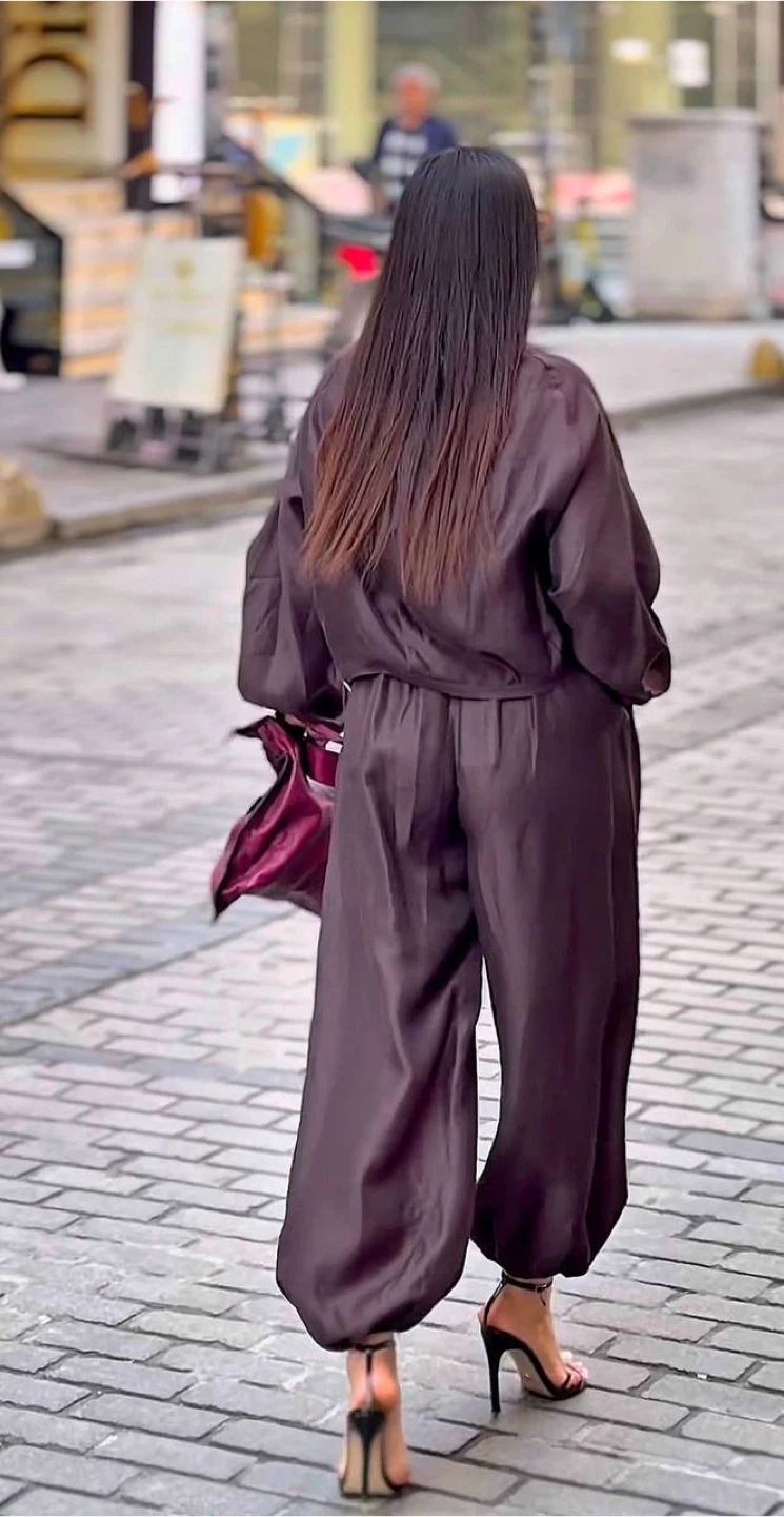 Brown Satin Bomber Jacket and Pants Set - photo 3