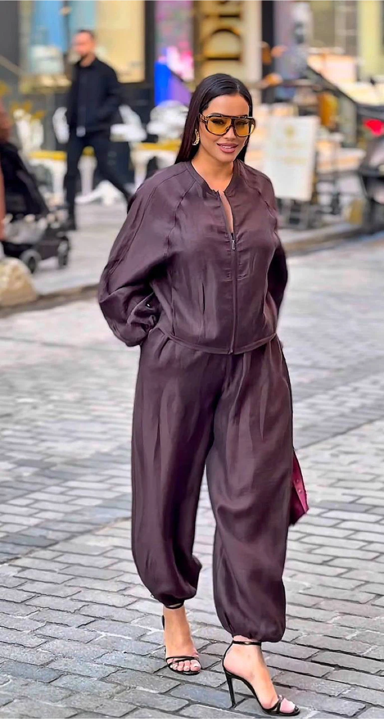 Brown Satin Bomber Jacket and Pants Set