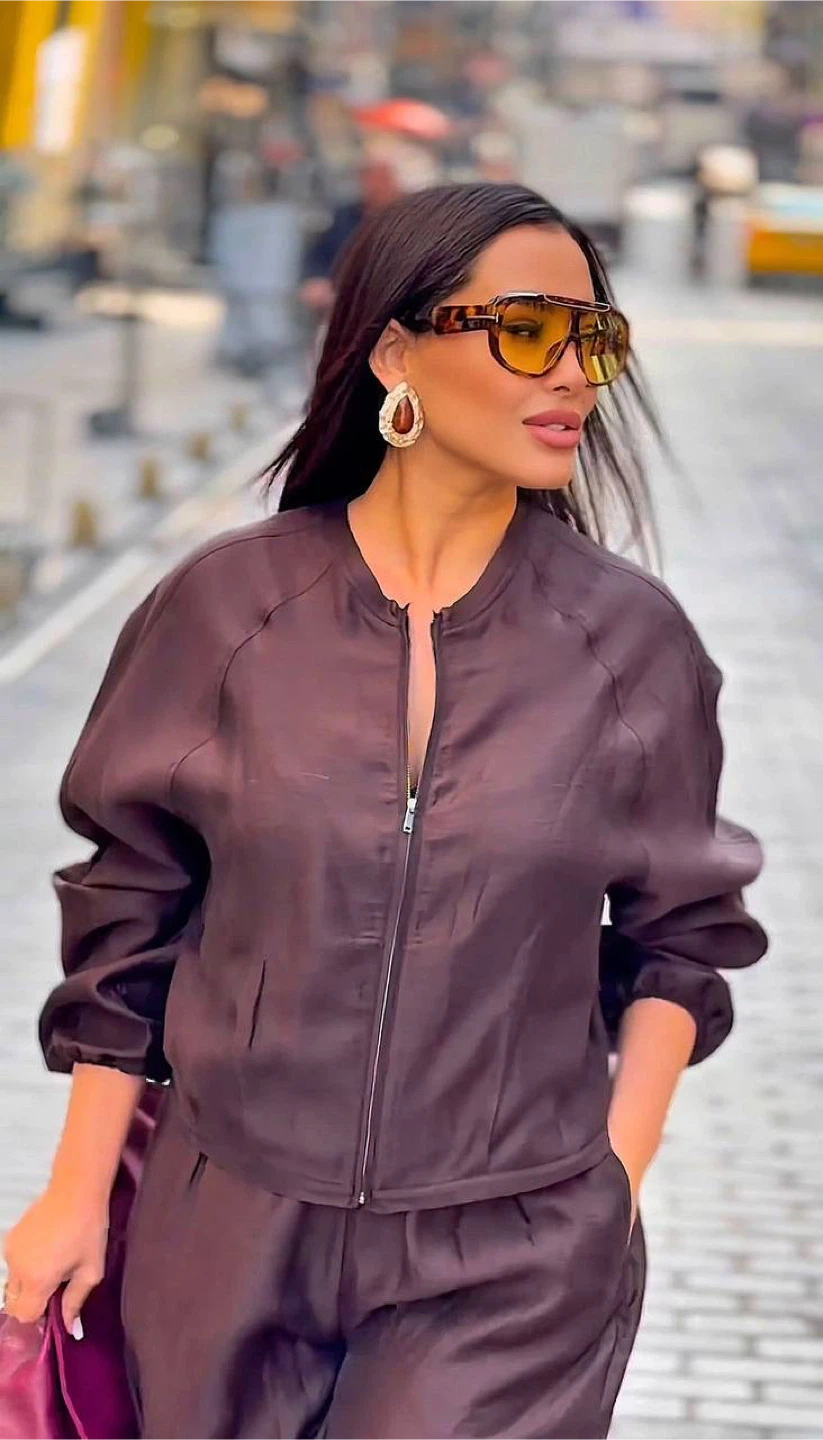 Brown Satin Bomber Jacket and Pants Set - photo 2