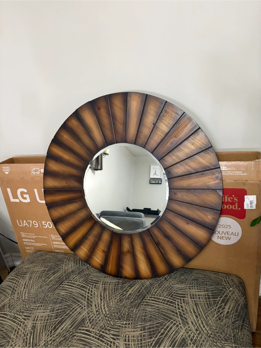 Round Wooden Sunburst Mirror