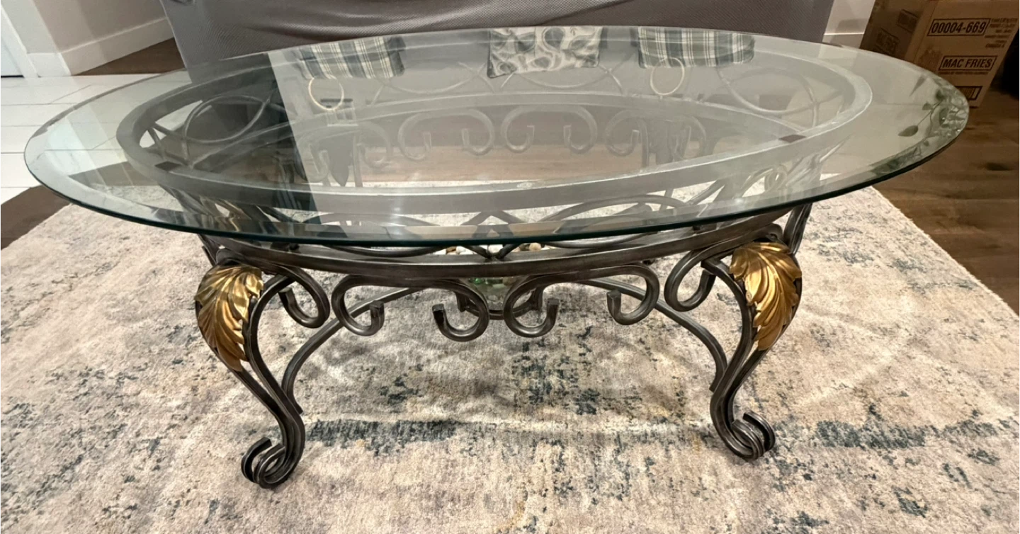 Oval Glass Top Coffee Table with Ornate Metal Base - photo 4