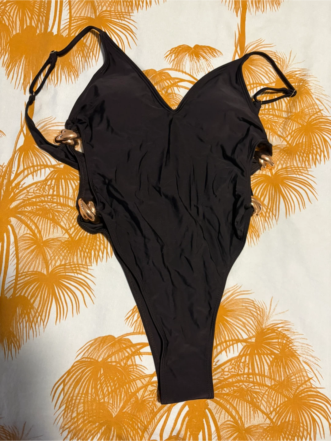 Black One-Piece Swimsuit with Gold Chain Detail