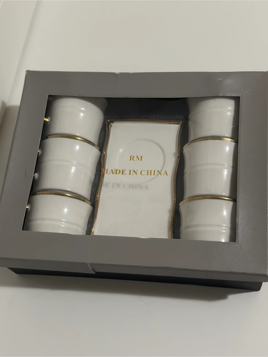 Set of 6 White Espresso Cups with Saucers Gold Trim