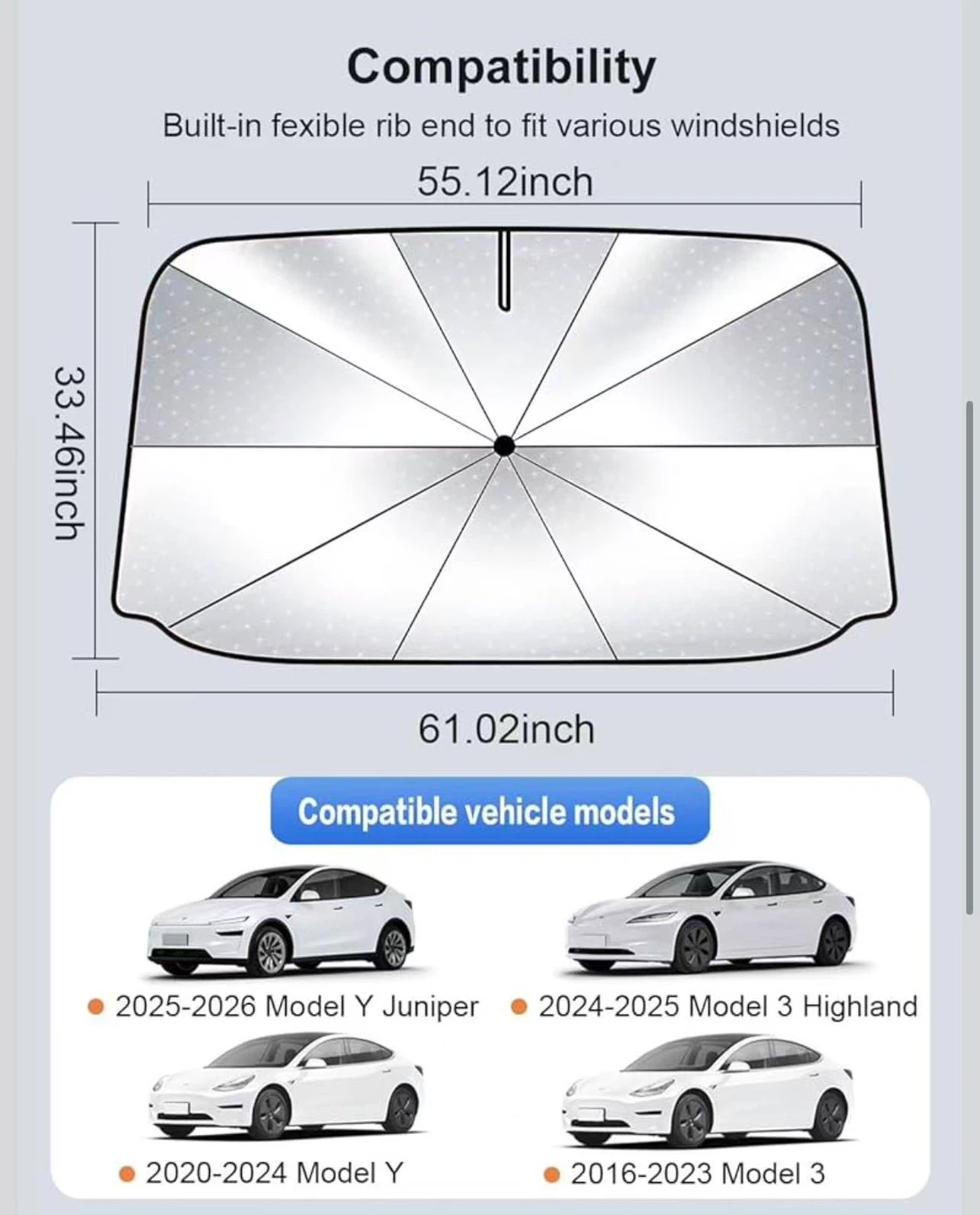 Tesla Model 3/Y Windshield Sunshade Umbrella - photo 3
