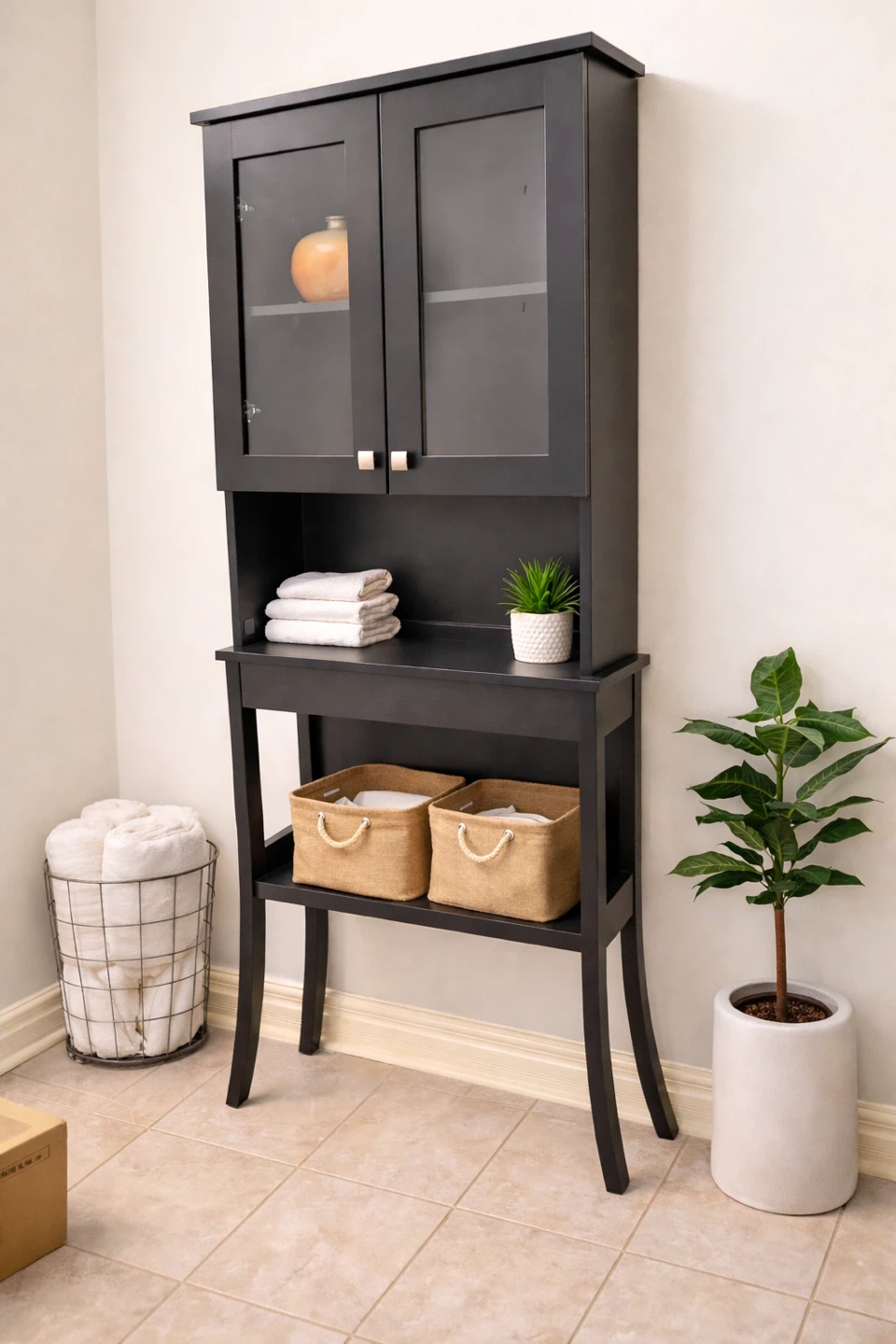 Black Bathroom Storage Cabinet with Glass Doors