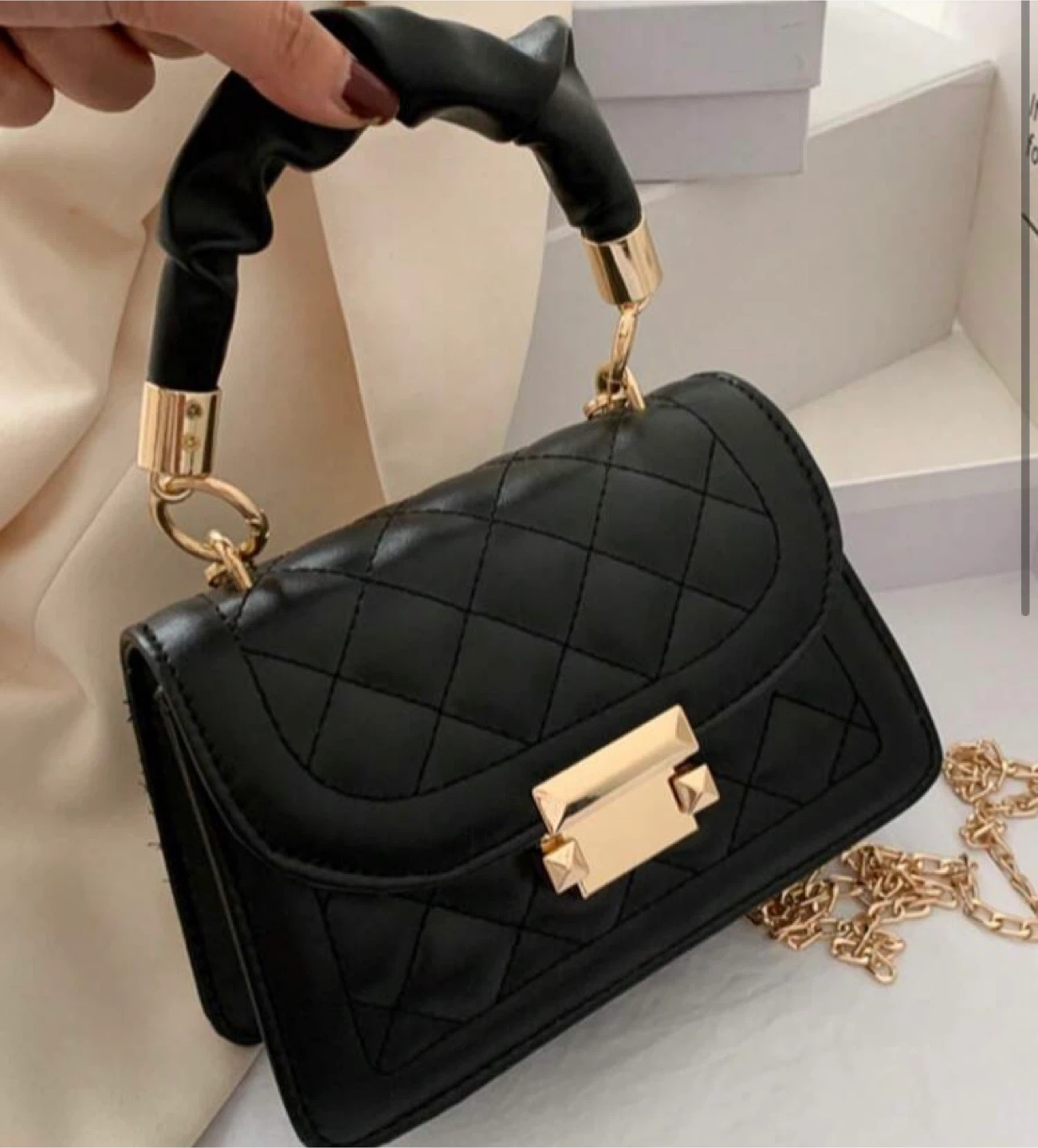 Black Quilted Saddle Bag with Chain Strap