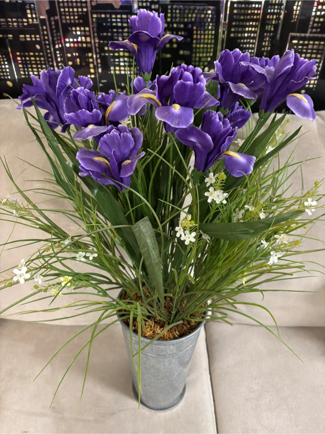 Artificial Purple Iris Flowers in Galvanized Metal Pot