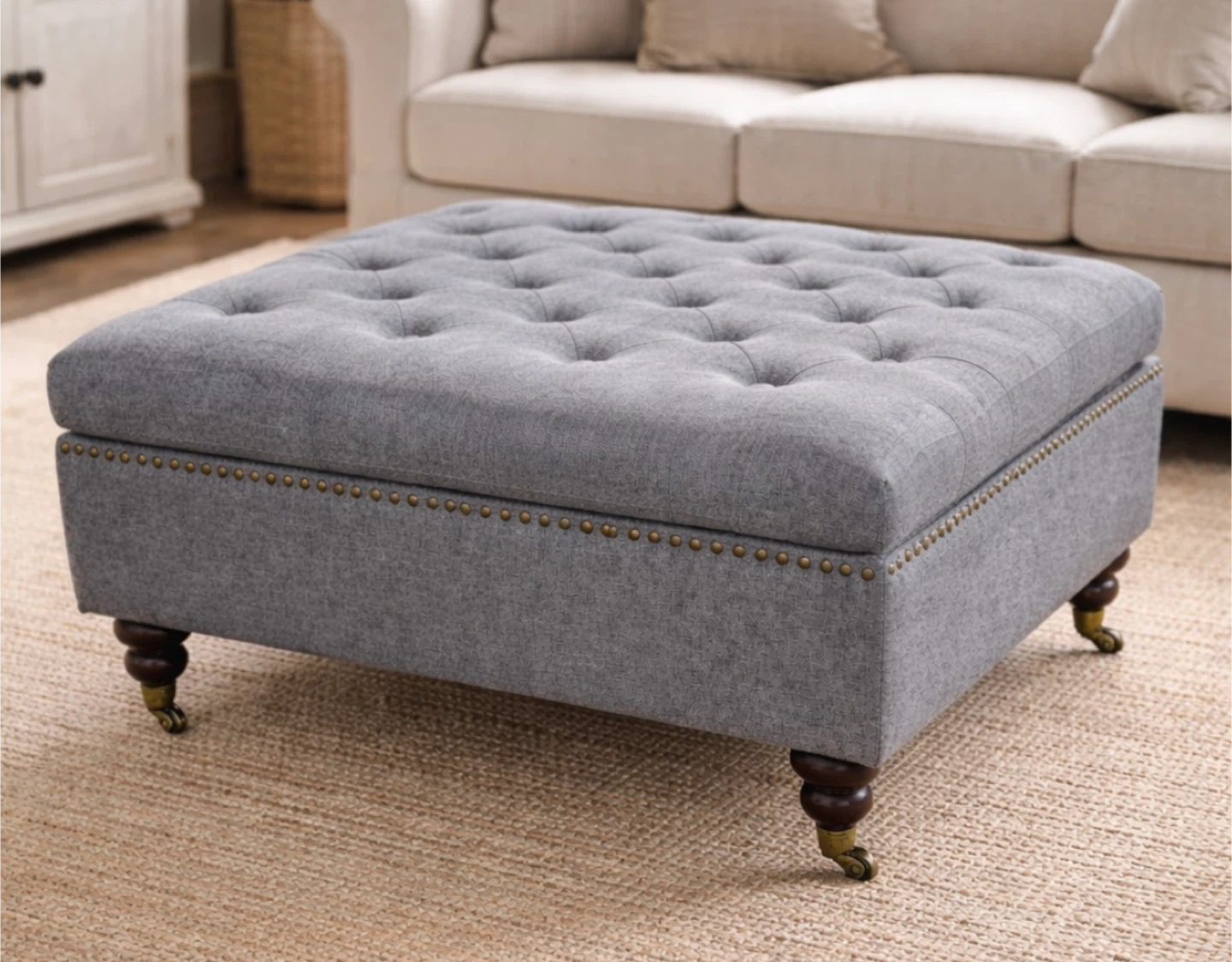 Brand New Tufted Grey Ottoman – In Box