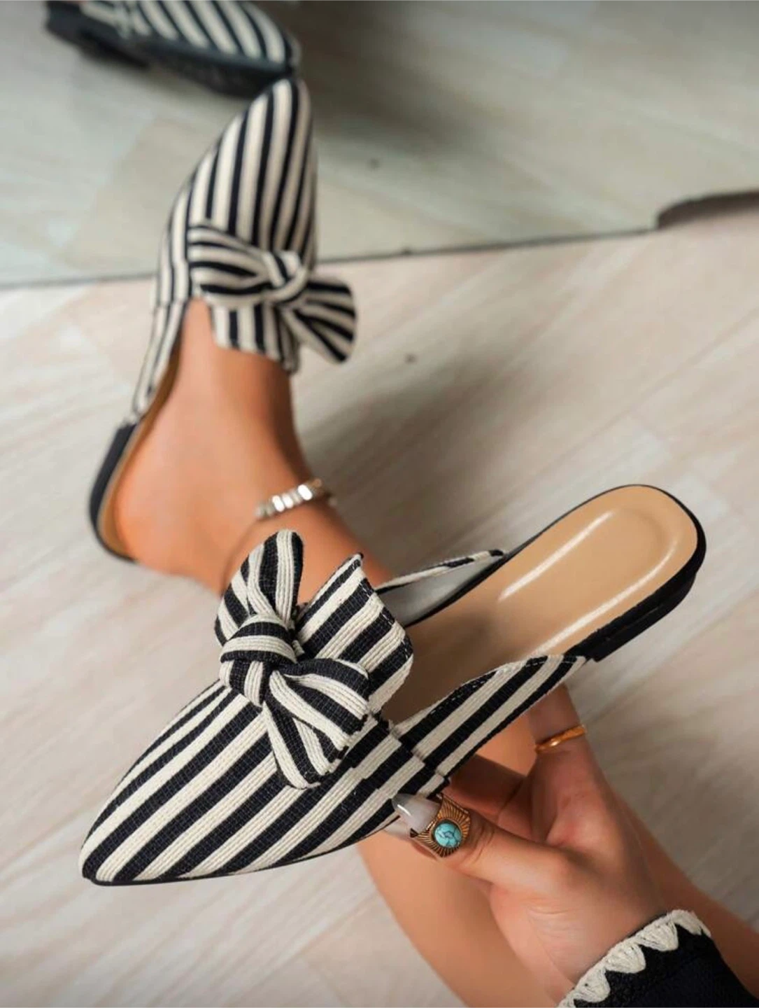 Striped Bow Mules - Black and White - photo 3