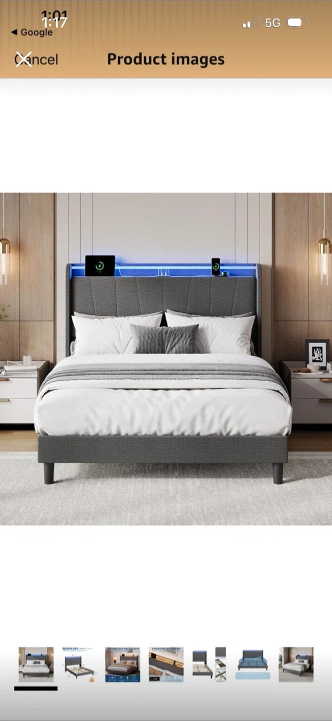 New King Size Grey Fabric Bed Frame with Headboard