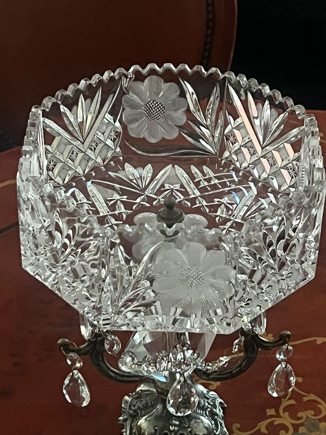 Crystal Glass Fruit Bowl with Metal Stand and Dangling Jewels - photo 2