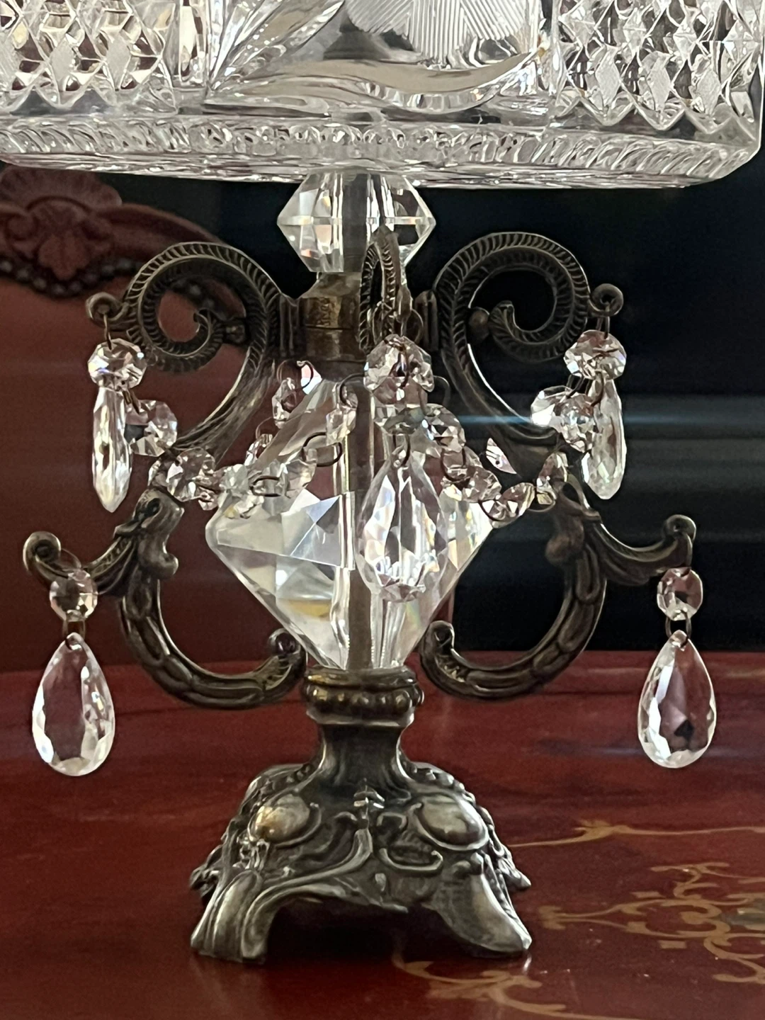 Crystal Glass Fruit Bowl with Metal Stand and Dangling Jewels - photo 3