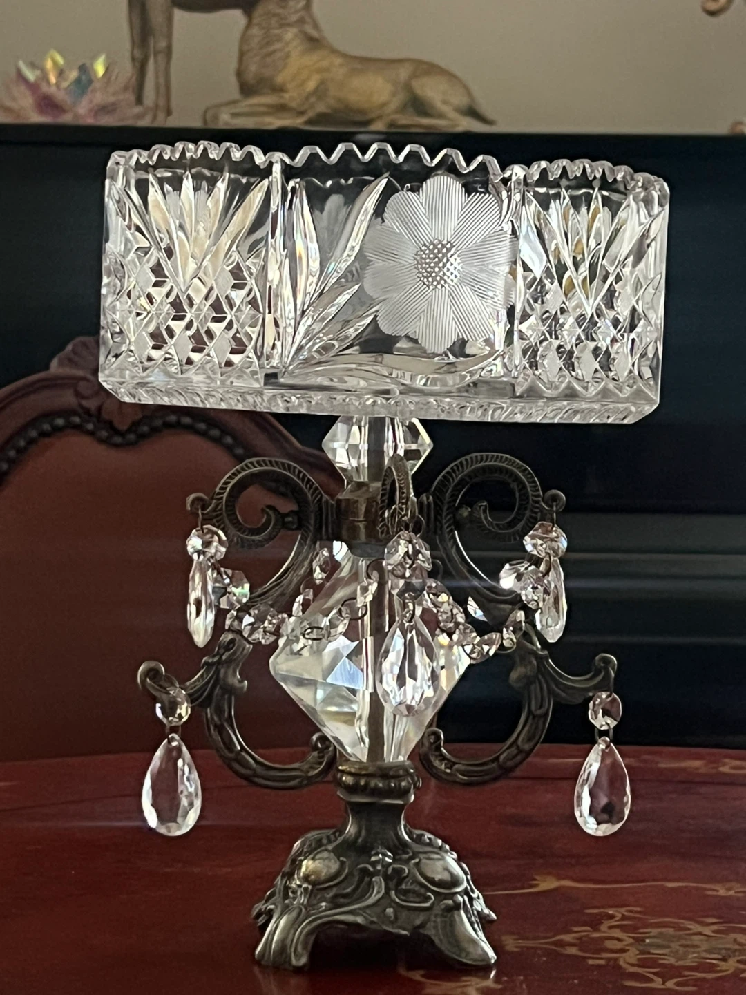 Crystal Glass Fruit Bowl with Metal Stand and Dangling Jewels - photo 4