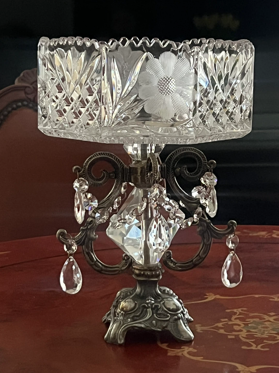 Crystal Glass Fruit Bowl with Metal Stand and Dangling Jewels