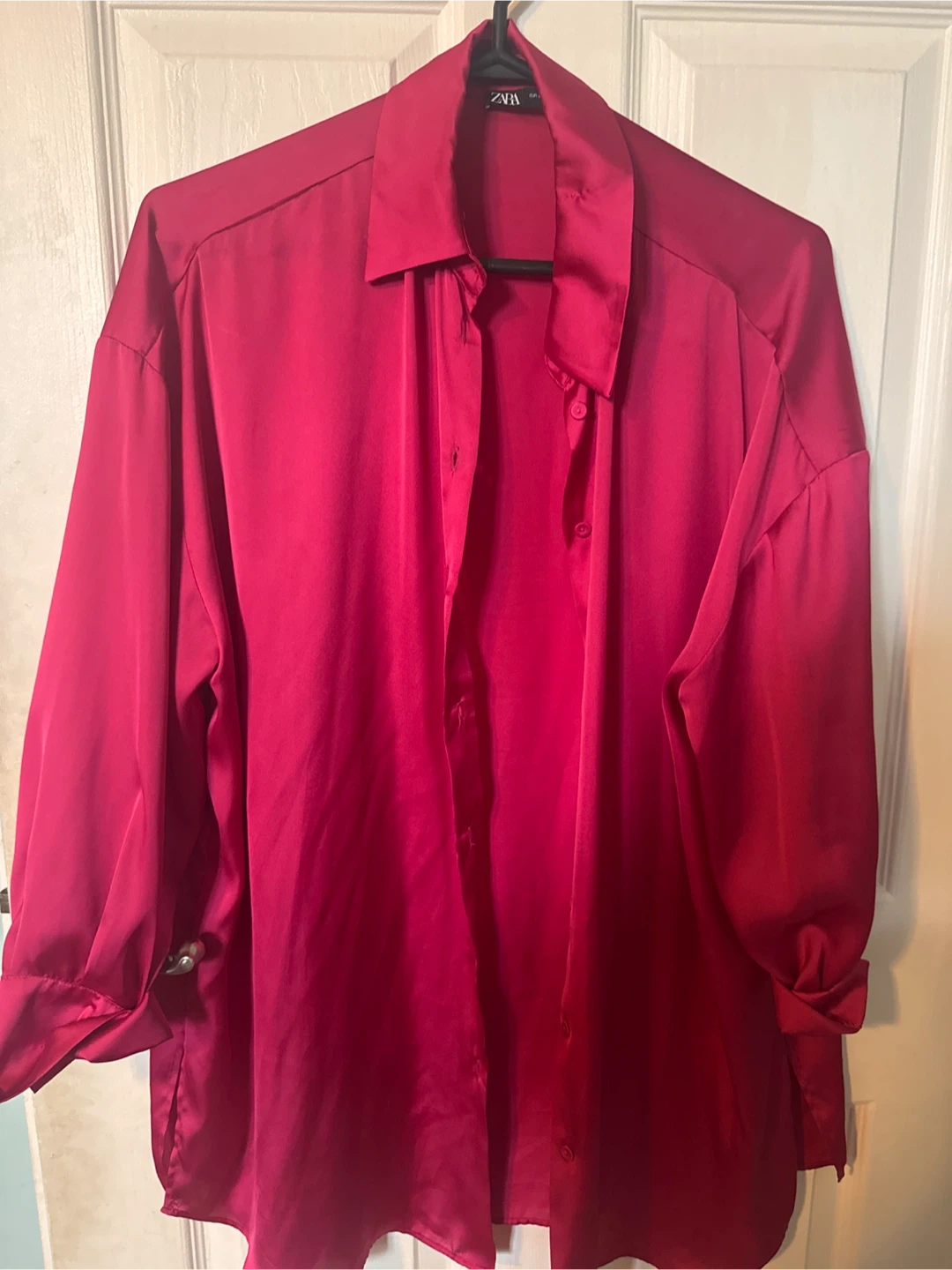 ZARA Fuchsia Satin Button-Up Shirt - Size Medium