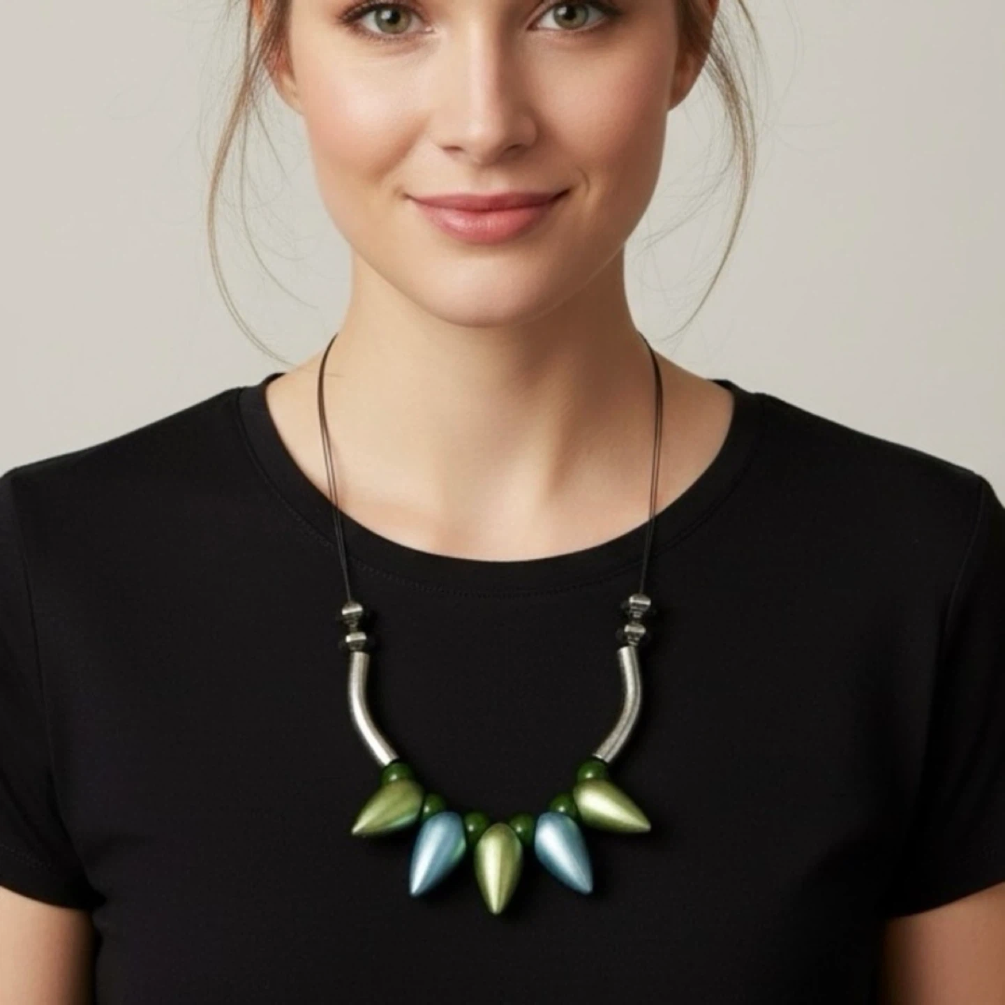 Abstract Mod Spike Bead Collar Silver Cord Necklace Toggle