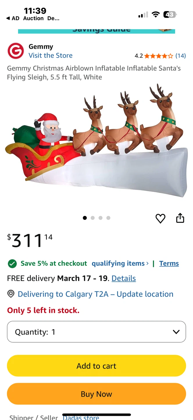 Christmas Airblown Santa's Flying Sleigh Inflatable 6.2 ft