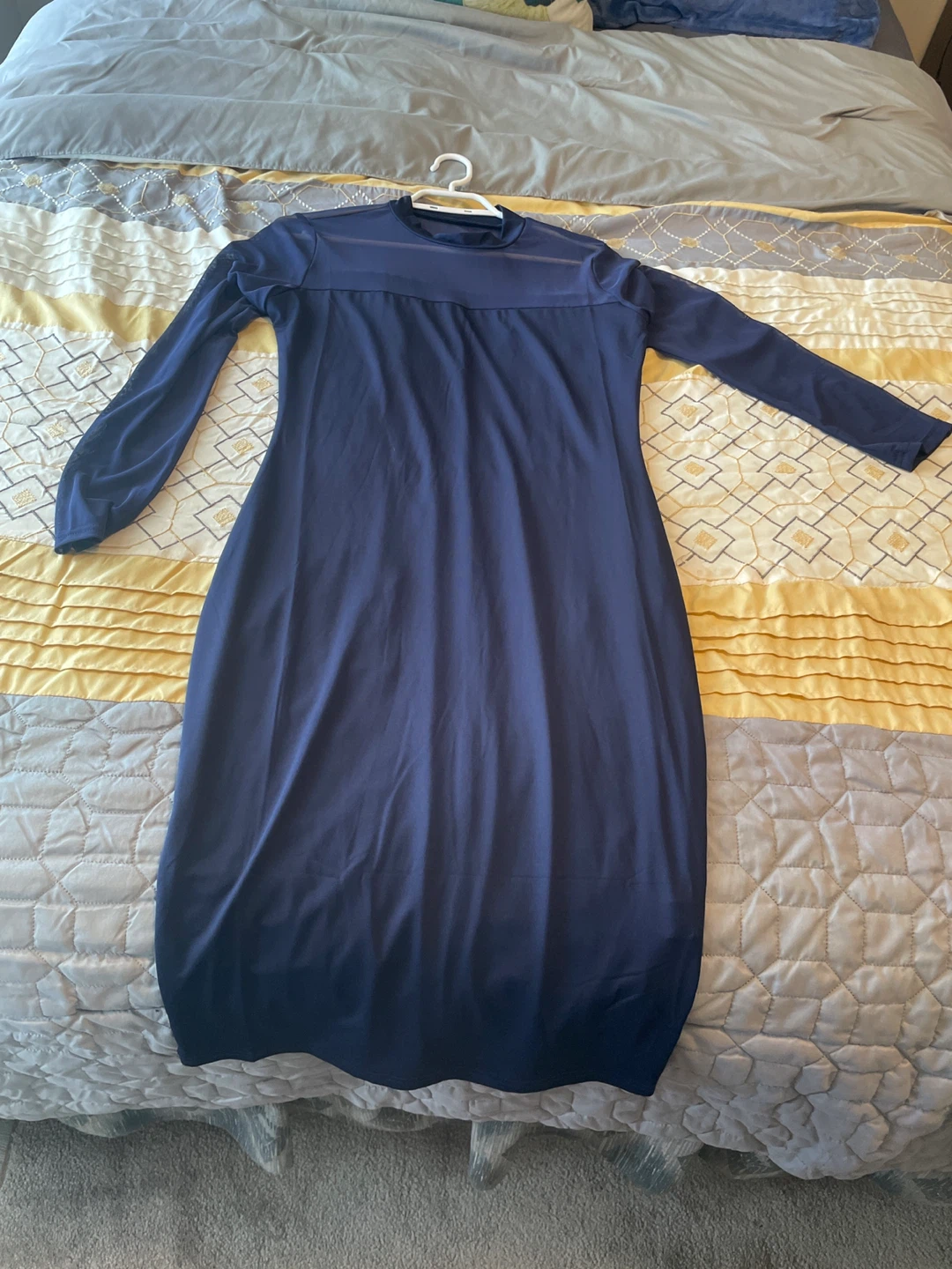 Navy Blue Long Sleeve Mesh Detail Dress - photo 3