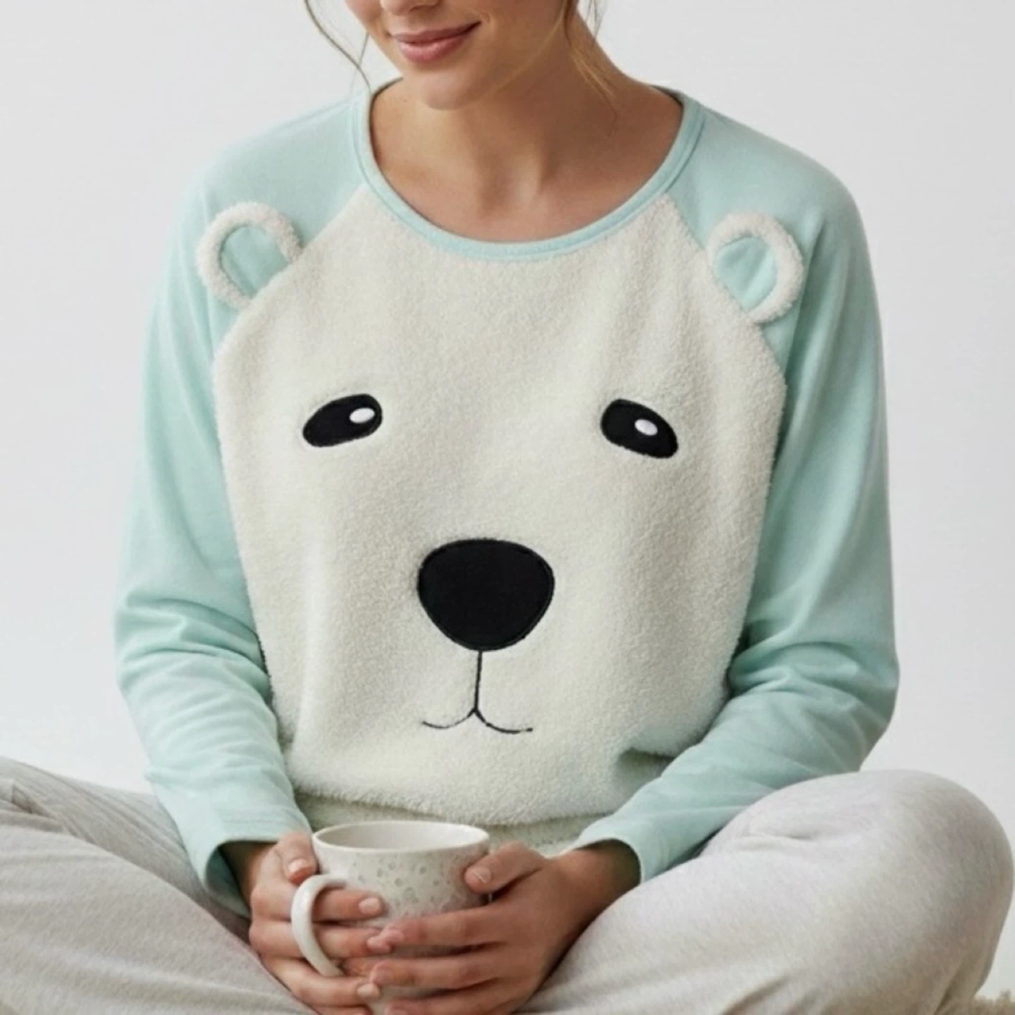 Adorable Breakfast in Bed Polar Bear Fleece Pajama Top Size L