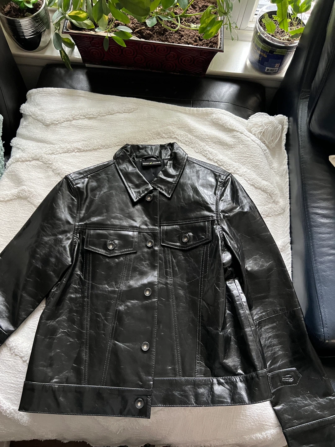 DKNY Jeans Black Faux Leather Jacket - Medium