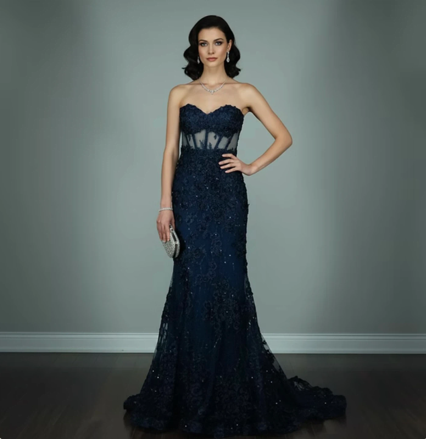 Navy Blue Embellished Strapless Gown