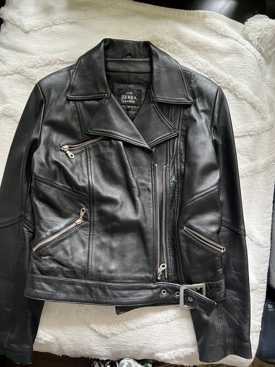 ZEBRA LEATHER Black Biker Jacket