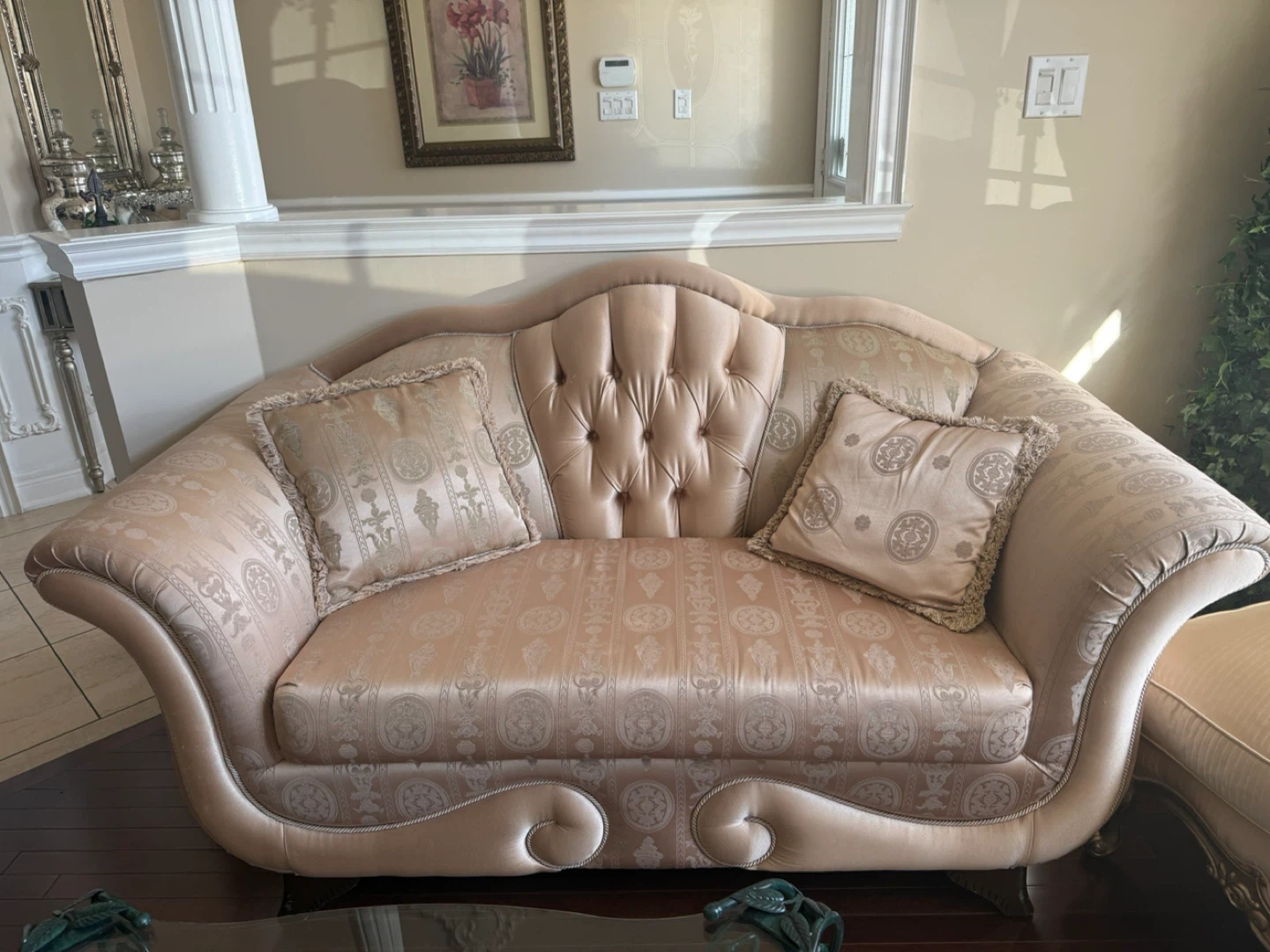 Ornate Tufted Loveseat with Decorative Pillows