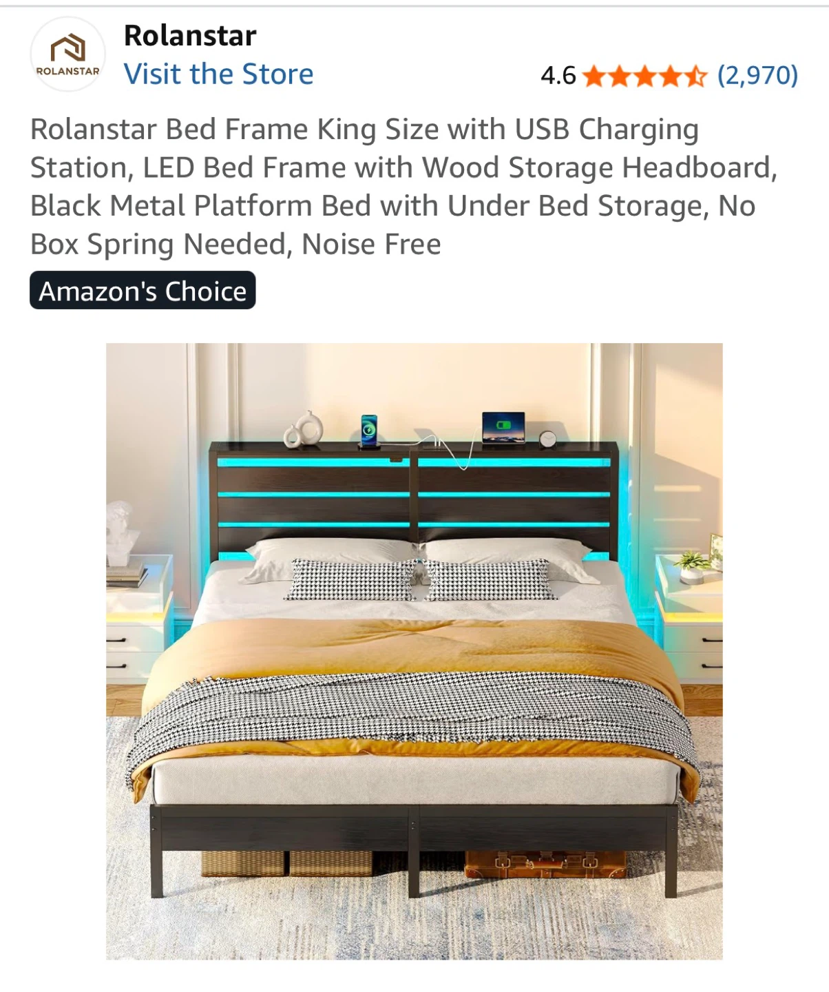 Rolansar King Size LED Bed Frame with USB Charging Station - photo 2