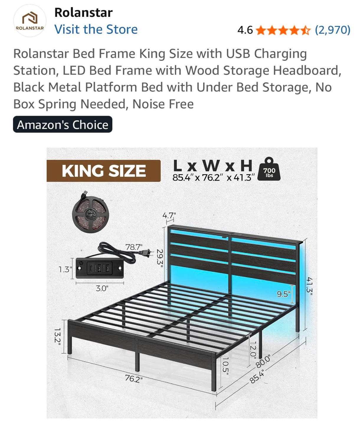 Rolansar King Size LED Bed Frame with USB Charging Station