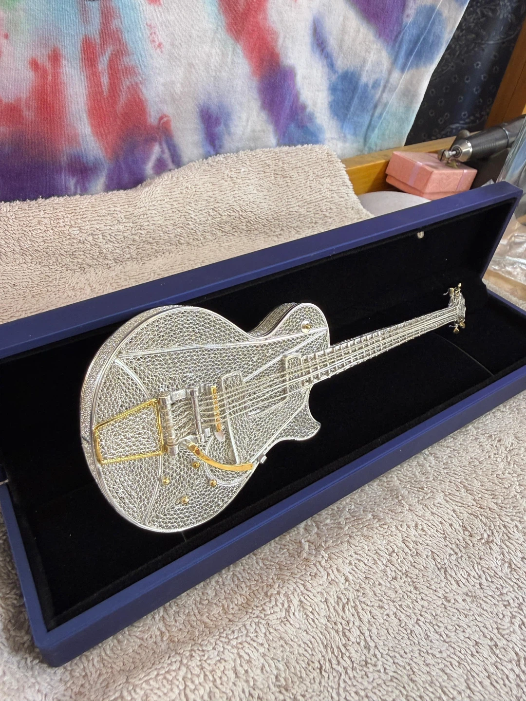 Silver Tone Guitar Brooch in Presentation Box