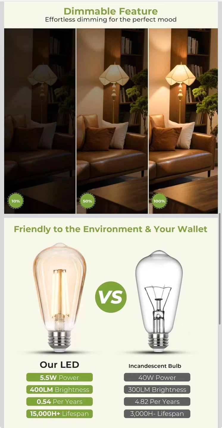 LED Edison Bulbs 40 watt Equivalent,  E26 Light Bulb 2700K - photo 3