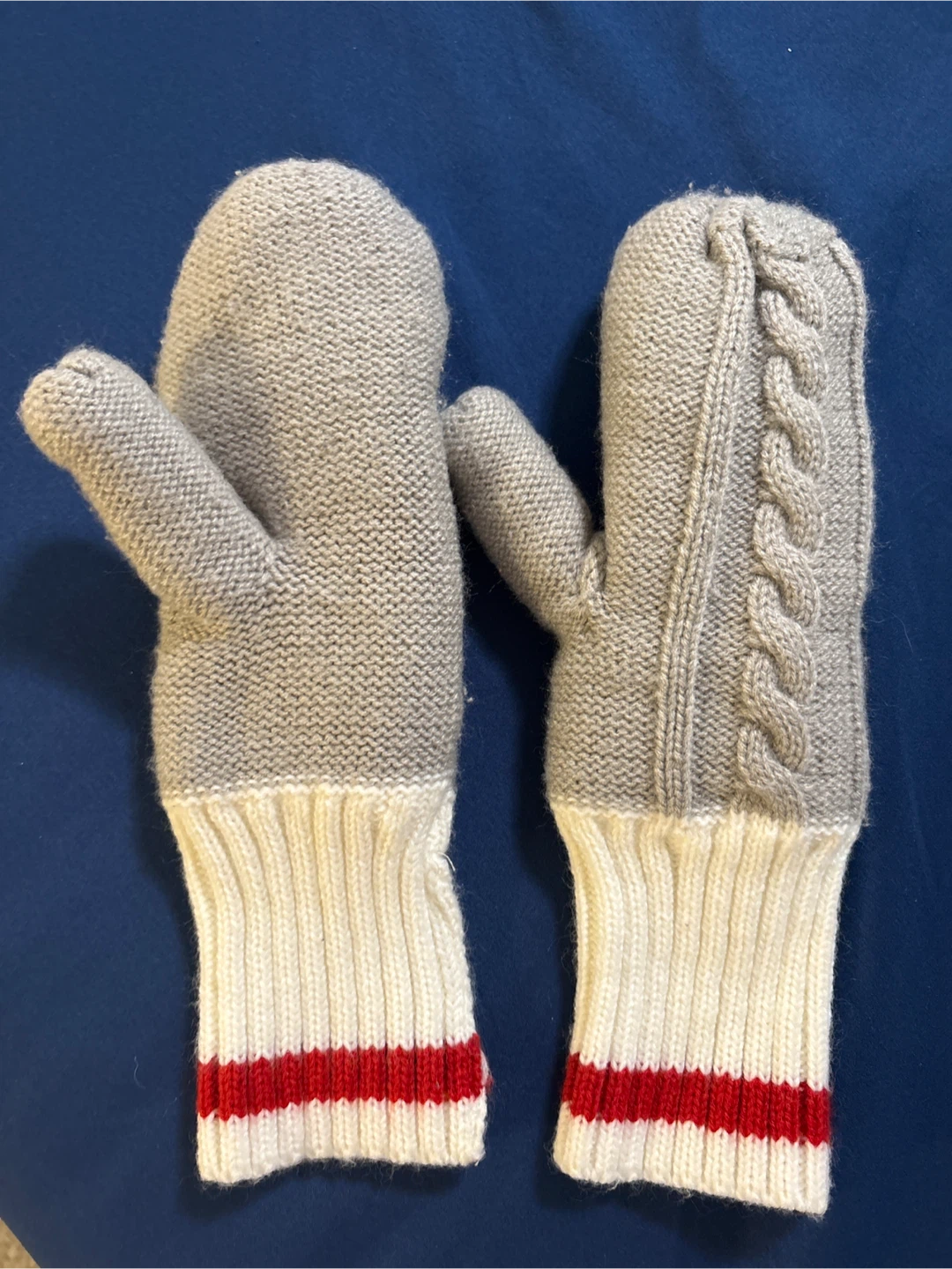 Grey Knit Mittens with Red Stripes