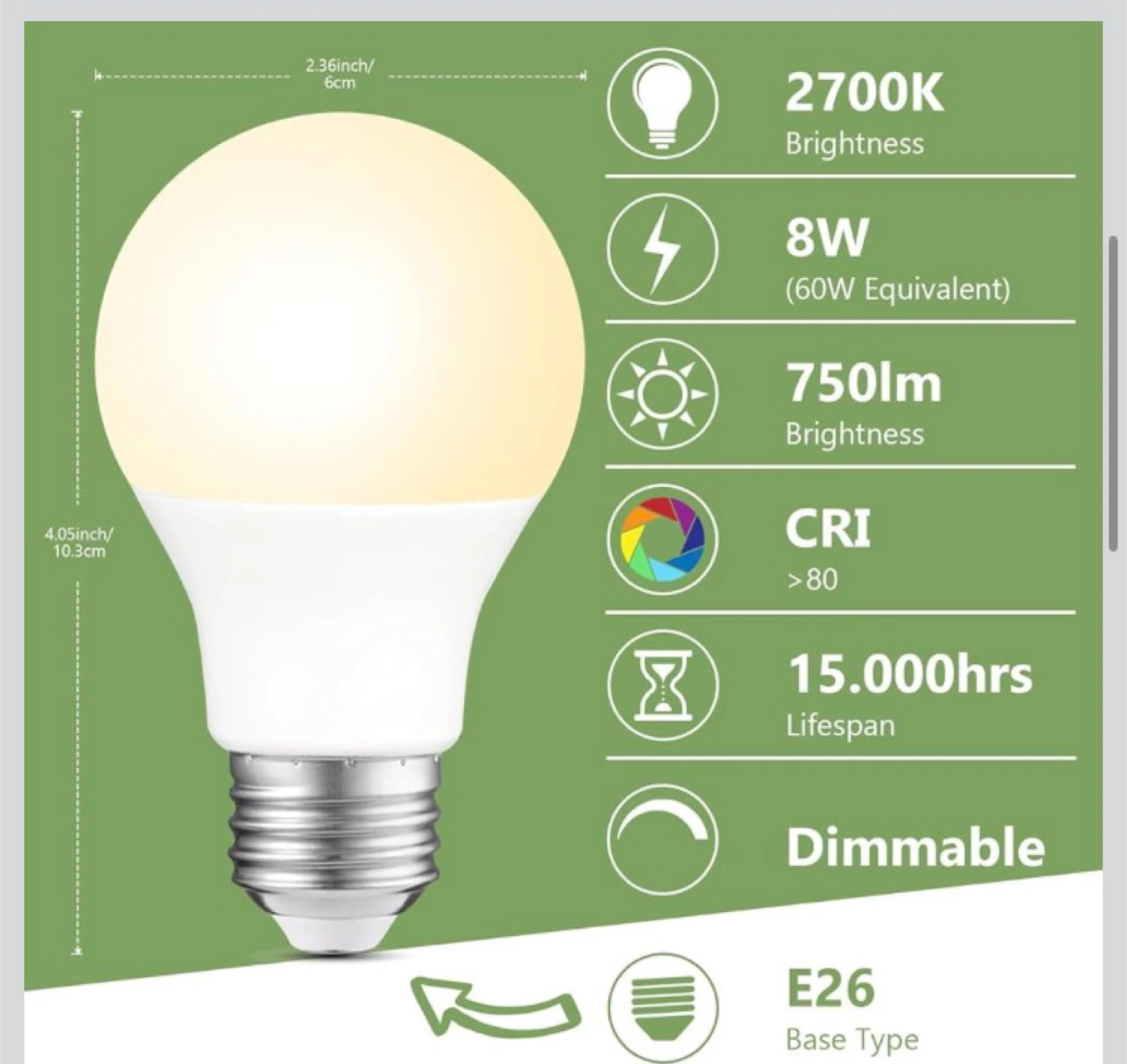 LED Light Bulb - 8W, 2700K Warm White, Dimmable, CRI >80 - photo 3