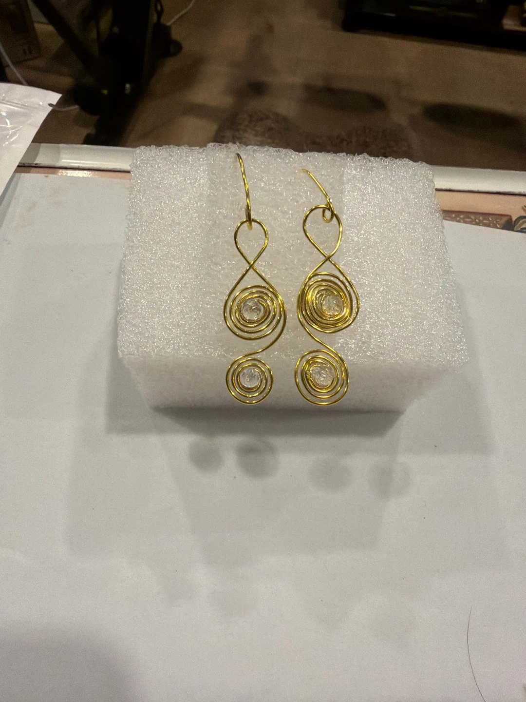 Gold Tone Wire Wrapped Dangle Earrings with Clear Gemstones