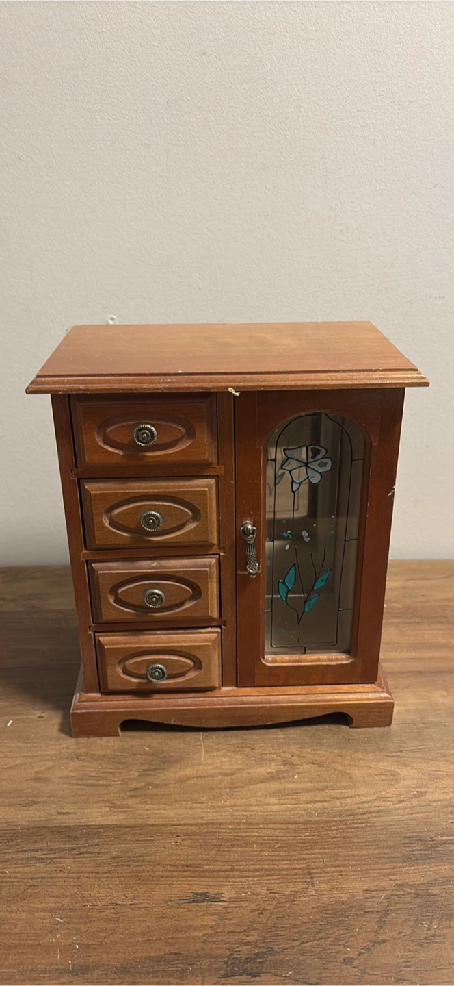 Wooden Jewelry Box with 4 Drawers and Stained Glass Door