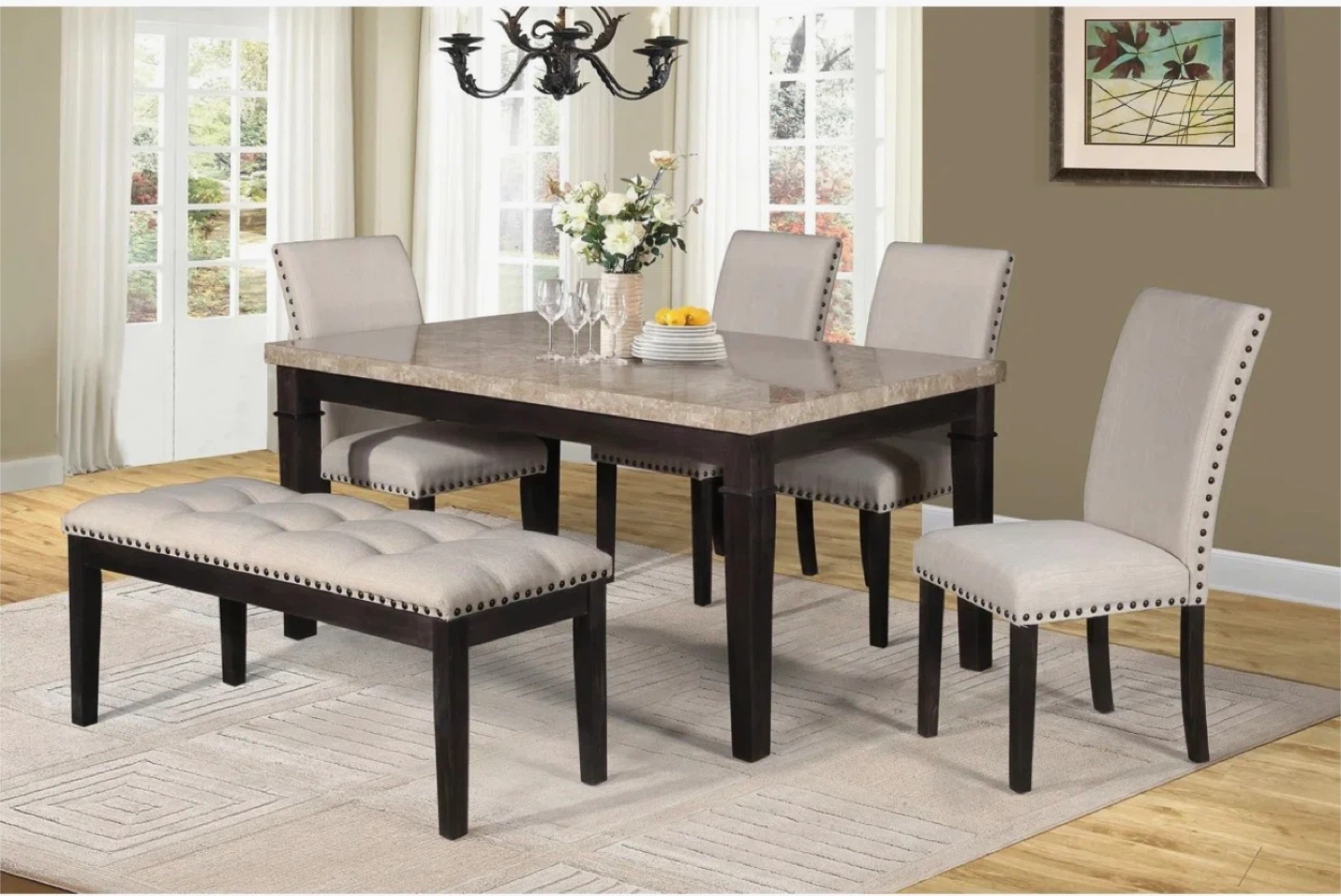 Marble Dining Table, Chairs & Bench Set - Beige - photo 4
